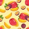 Tropical ripe fruits and green leaves seamless pattern. Vector mango and passion fruit on yellow background.