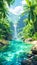 Tropical River Gorge with Lush Greenery and Cascading Waterfall. Tropical resort natural pool