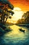 tropical river at sunset, graphic poster