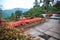 Tropical rural house home garden bamboo wooden balcony terrace with natural mountain view background. Interior, Exterior Architect