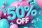 Tropical Sale Theme with Blue Balloon Letters Spelling Fifty Percent Off