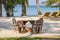 Tropical sand beach with wooden table and chairs, chaise lounges, hammock and palm trees against the backdrop of the blue sea,