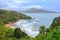 Tropical sandy beach landscape from high view point. Beautiful turquoise ocean and people relaxing in Laem Sing