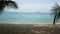 Tropical sandy beach of paradise island. Green palm leaf overlooking sea. Soft focus blurred natural abstract background