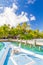 Tropical scene with traditional wooden boat in Maldives, called Dhoni