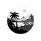 Tropical scenery, monochrome landscape in geometric round shape design vector Illustration on a white background