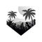 Tropical scenery with palms, mountains and sun, monochrome landscape in geometric shape design vector Illustration on a