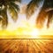 Tropical sea and leaves of coconut palm tree at sunset. In the foreground  wooden pier.