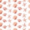 Tropical sea shell and starfish seamless watercolor raster pattern