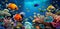 Tropical sea underwater fishes on coral reef. Aquarium oceanarium wildlife colorful marine panorama landscape nature