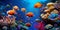 Tropical sea underwater fishes on coral reef. Aquarium oceanarium wildlife colorful marine panorama landscape nature