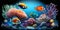 Tropical sea underwater fishes on coral reef. Aquarium oceanarium wildlife colorful marine panorama landscape nature