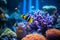 Tropical sea underwater fishes on coral reef. Aquarium oceanarium wildlife colorful marine panorama landscape nature