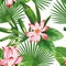 Tropical seamless composition pink lotus green leaves white background