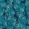 Tropical seamless doodle pattern with random blue monstera print. Background with splashes