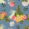 Tropical seamless floral pattern with hibiscus, roses and exotic leaves.