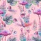 Tropical seamless floral pattern with watercolor palm leaves, flowers and pink flamingo. Purple, pink and green texture