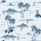 Tropical seamless island pattern monotone in blue background.
