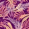 Tropical seamless pattern with bright leaves on a bright purple background. Vector design. Jungle print. Printing and textiles.