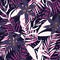 Tropical seamless pattern with bright leaves and plants on a dark background. Vector design. Jungle print. Textiles and printing.