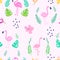 Tropical Seamless Pattern with Cute Flamingo and Exotic Flowers. Childish Summer Background for Wallpaper, Fabric