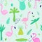 Tropical Seamless Pattern with Cute Flamingo and Palm Leaves. Childish Summer Background for Wallpaper, Fabric