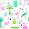 Tropical Seamless Pattern with Cute Flamingo and Palm Leaves. Childish Summer Background for Wallpaper, Fabric