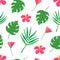 Tropical seamless pattern on dark green background. Summer design with tropic leaves, monstera, banana leaves, hibiscus