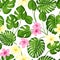 Tropical seamless pattern with exotic palm leaves and tropical flower. Tropical monstera. Hawaiian style. Vector illustration