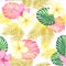 Tropical seamless pattern with exotic palm leaves and tropical flower. Tropical monstera. Hawaiian style. Vector illustration