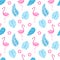 Tropical seamless pattern with flamingo, tropic flowers, monstera and banana leaves.