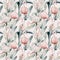 Tropical seamless pattern with flamingo. Watercolor tropic drawing, rose bird and greenery palm tree, tropic green