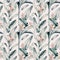 Tropical seamless pattern with flamingo. Watercolor tropic drawing, rose bird and greenery palm tree, tropic green