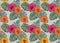 Tropical seamless pattern with flowers hibiscus palm monstera le