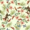 Tropical seamless pattern with flowers, monkey and parrots. Vector floral patch for print.