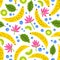 Tropical seamless pattern with fresh exotic fruits, berries, flowers and leaves on white background. Summer backdrop
