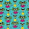 Tropical seamless pattern, with funny cartoon chihuahua dog and watermelon, lemon slice, cherry and island.