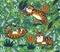 Tropical seamless pattern with funny tigers in cartoon style. Vector illustration