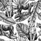 Tropical seamless pattern with lioness and lion cub. Vintage animals and leaves in engraving style