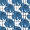 Tropical seamless pattern with monstera silhouettes. Navy blue botanic ornament on white chequered background