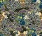 Tropical seamless pattern with nocturnal animals. Wild cat ocelot, lemur, bat, tropical plant