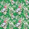 Tropical seamless pattern with palm leaves, pink flamingos and coconuts. Watercolor illustration, hand drawn. For fabric