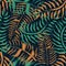 Tropical seamless pattern with palm leaves. Summer floral pattern with green and orange palm foliage on dark background