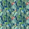 Tropical Seamless pattern of palm leaves, watercolor illustration, hummingbird birds