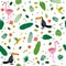 Tropical seamless pattern with pink flamingos, toucans