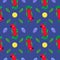 Tropical seamless pattern with a red parrot and various bright gems
