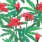 Tropical seamless pattern with red torch ginger flowers and leaves on white background.