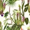 Tropical seamless pattern. Summer print. Jungle rainforest. Sarracenia, genus of carnivorous plants.