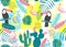 Tropical seamless pattern with toucan, flamingos, cactuses and exotic leaves.