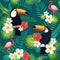 Tropical seamless pattern with toucans, flamingos, exotic leaves and flowers.